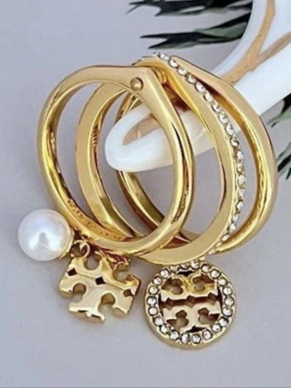 Tory Burch Gold Stacked Ring with Pearl and Crystal Logo Charms